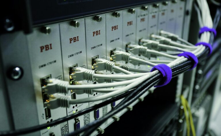 Close-up of ethernet cables connected to a network switch panel in a data center.